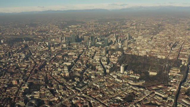 High altitude aerial view of Milan cityscape. Lombardy, Italy