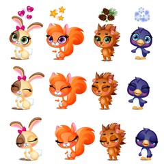 Fototapeta premium A set of funny and sad emotions of cute little animals isolated on white background. Vector cartoon close-up illustration.