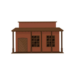 Small western house with wood door and porch. Old wooden building. Architecture of old west town. Flat vector design
