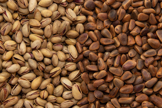 Abundance of nuts, pistachios and pine nuts, vegetarianism and healthy food