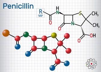 General formula of penicillin (PCN) molecule. It is a group of antibiotics. Sheet of paper in a cage. Structural chemical formula and molecule model - obrazy, fototapety, plakaty