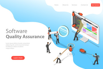 Isometric flat vector landing page template of software quality assurance, SQA, product testing and debugging, programming and coding.