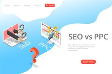Isometric flat vector landing page template of SEO vs PPC, pay per click, search engine optimization, digital marketing strategies.