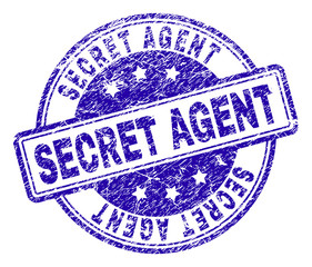 SECRET AGENT stamp seal imprint with distress texture. Designed with rounded rectangles and circles. Blue vector rubber print of SECRET AGENT tag with dust texture.