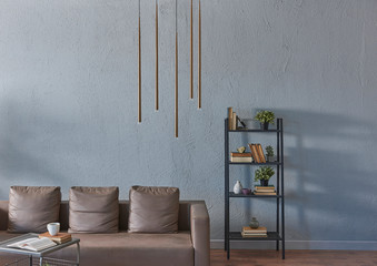 Modern room interior brown leather sofa and bookshelf, gold lamp and middle table style.