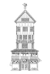 English house. Traditional architecture of the 18th century based of medieval tradition. Sketch collection.