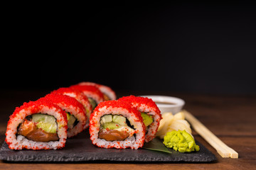 Japanese California sushi food with tuna and flying fish roe.