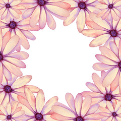 Illustration of watercolor hand drawn floral round frame with purple wildflowers.  Asters, daisy, gerbera, chrysanthemum, camomile. Delicate flower wallpaper. Spring background. Retro, vintage.