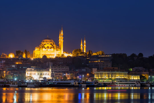 Suleymaniye Mosque on shores of Bosphorus at night