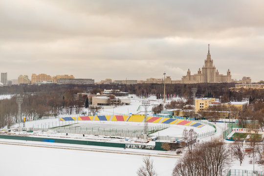 Stadium and Moscow state University. Winter day. Urban landscape.