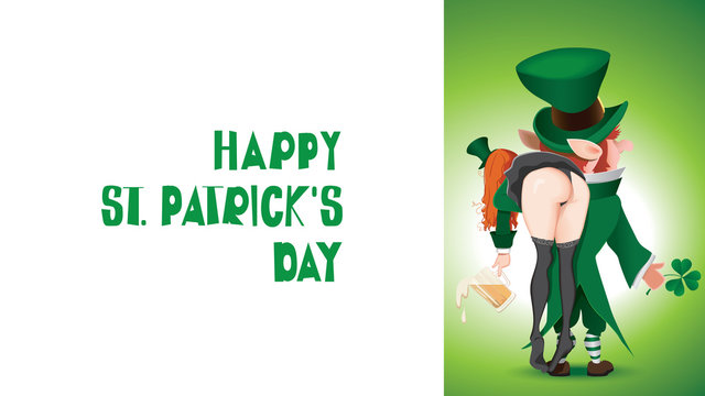 Cartoon of a Happy St. Patrick's Day with a textual signboard.Leprechaun carries a drunken girl over her shoulder.
