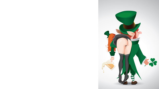 Cartoon of a Happy St. Patrick's Day with blank signboard.Leprechaun carries a drunken girl over her shoulder.