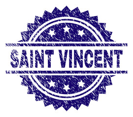 SAINT VINCENT stamp seal watermark with distress style. Blue vector rubber print of SAINT VINCENT tag with scratched texture.