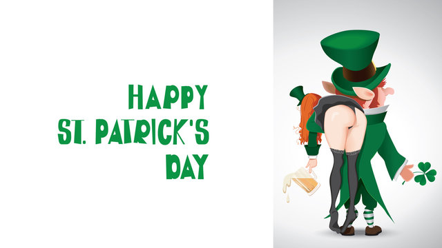 Cartoon of a Happy St. Patrick's Day with textual signboard. Leprechaun carries a drunken girl over her shoulder.