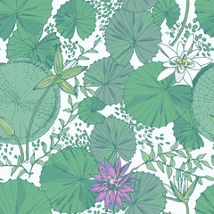 Fototapeta premium Seamless pattern with water lilies and other water plants