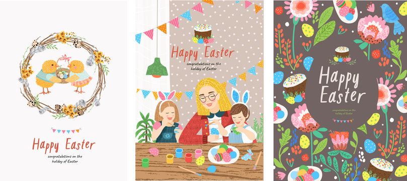 Cute vector cards, posters and banners with a Happy Easter greeting! Illustrations of a wreath of willow twigs, a family of coloring eggs and a festive pattern