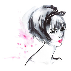 Fototapeta premium Painting beauty asian woman. Watercolor fashion illustration in anime style. Hand drawn portrait of pretty lady on white background with splashes
