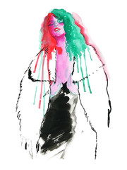 Watercolor beauty abstract woman. Painting fashion illustration. Hand drawn colorful portrait of pretty lady on white background