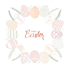Easter frame. Painted colorful Easter eggs with ornaments, arranged in a circle, decorated with floral elements and dots on a white background. Vector. 