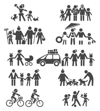 Happy life pictograms. Happy family, parents with children on vacation, grandparents and grandchildren, kids with bike and dog, vector illustration