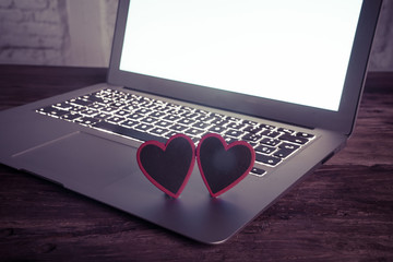 Close up of laptop and love message in stay connected, online dating or shopping for Valentines day