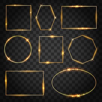 Gold glow frames. Golden sparkles frame set, magic light shiny glowing rectangle and curved borders isolated on transparent background, vector illustration