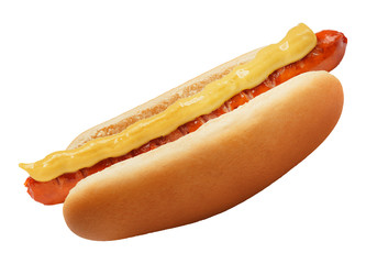 fresh american hot dog with mustard on white background isolate