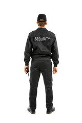 Fototapeta na wymiar Male security guard on white background, back view