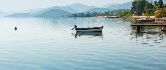 Naklejka premium Morning misty summer sea panorama (Croatia)