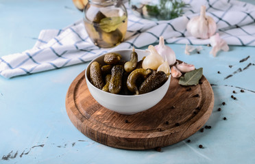 Bowl with tasty fermented cucumbers and garlic on light table