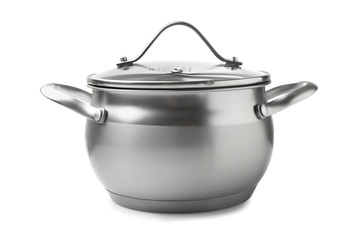 Stainless steel stewpot on white background