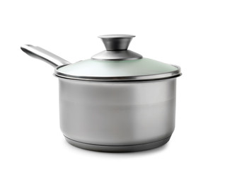 Stainless steel saucepan on white background