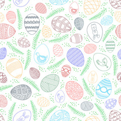 Happy Easter seamless background with painted eggs. Painted eggs with different ornaments and colors on a white background with floral elements. Vector illustration.