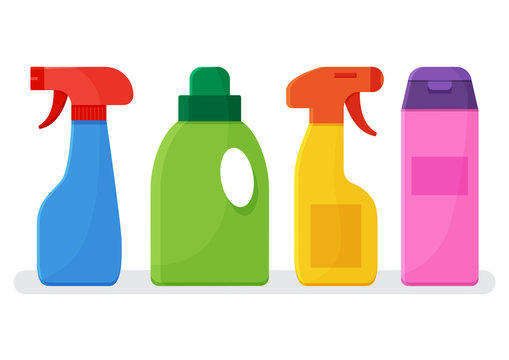 Chemical detergents. Set of colorful bottles cleaning agent. Vector illustration