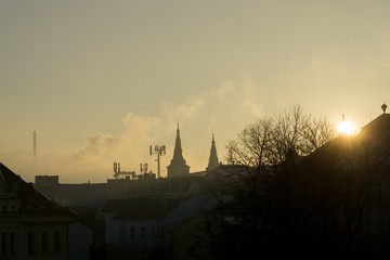 Obraz premium Sunrise and sunset over the hills and town. Slovakia