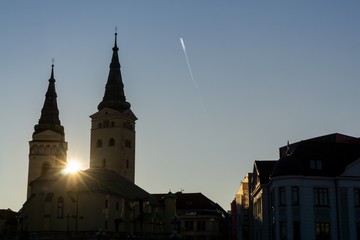 Naklejka premium Sunrise and sunset over the hills and town. Slovakia