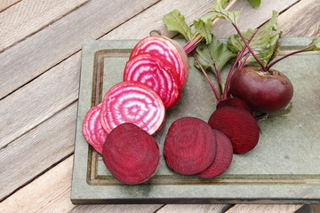 Striped chioggia beet. Root crops cut into slices.