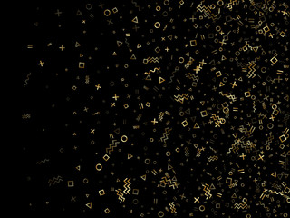 Memphis style geometric confetti vector background of triangle circle square shapes, chevron wavy lines.