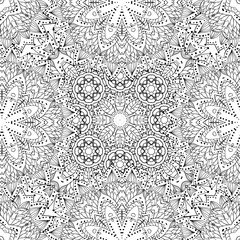 Seamless mandala pattern. Duotone white and black illustration coloring