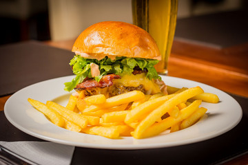 Burger Beer and fries
