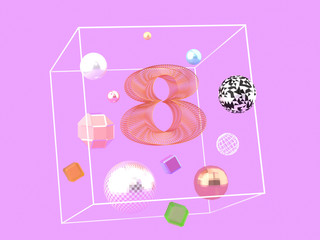 Number eight and different geometric forms on violet background 3D illustration