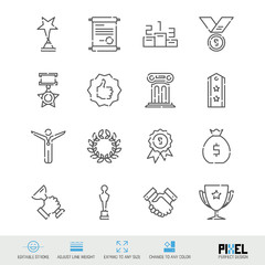 Vector Line Icon Set. Awards Related Linear Icons. Success, Achievment Symbols, Pictograms, Signs. Pixel Perfect Design. Editable Stroke. Adjust Line Weight. Expand to Any Size. Change to Any Color.