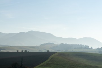 Fototapeta premium Misty morning on meadow with trees and views. Slovakia