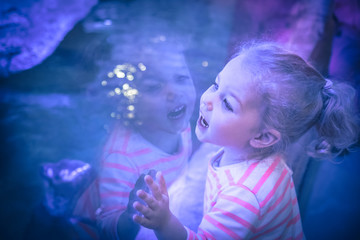 Surprised excited beautiful child girl looking with admiration through aquarium glass in blue purple colors concept admiration amazement curiosity