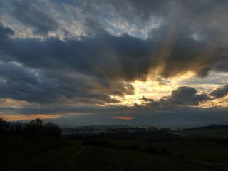 Fototapeta na wymiar Sunset and sunrise with dramatic colorful clouds. Slovakia 