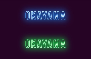 Neon name of Okayama city in Japan. Vector text