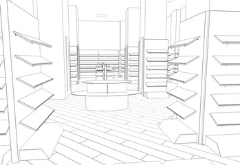 shop, store, shopping mall, contour visualization, 3D illustration, sketch, outline