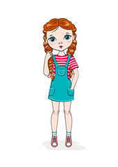 Red-haired fashion girl with freckles. Hand drawn. Beautiful cute cartoon girl. Summer casual style. Isolated teen on the white background. Vector illustration.