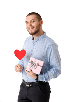 Young Happy Man Holding Red Paper Heart.