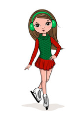 Cute girl figure skater. Isolated funny hand drawn character on the white background. Vector illustration.